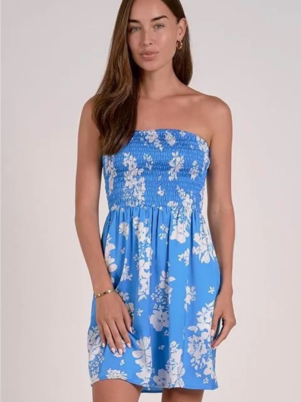 Elan Clothing L Strapless Blue Floral Smocked Sundress